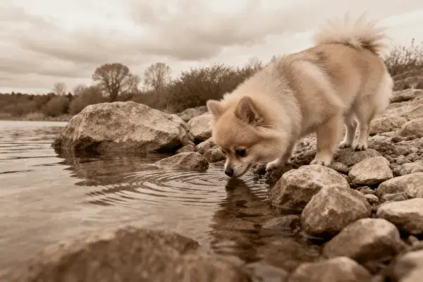 露天环境中博美犬饮水瞬间