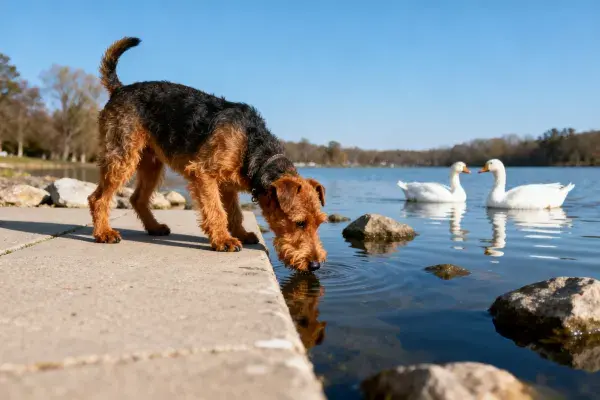 威尔士梗犬湖边饮水场景