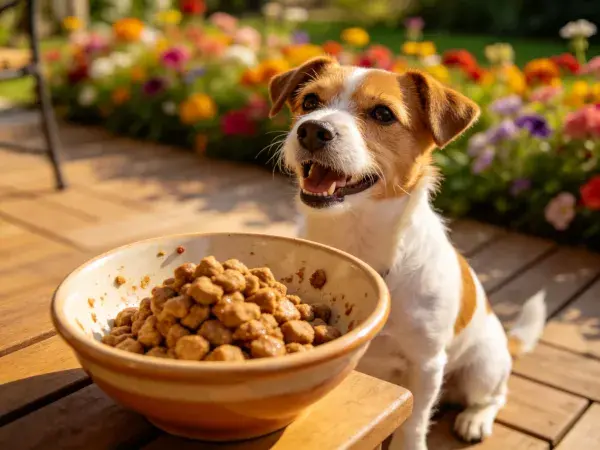 花园露台上的杰克罗素梗犬与宠物碗