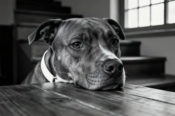 室内木质桌面上的比特犬
