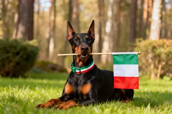 森林草地中持意大利国旗的多伯曼犬