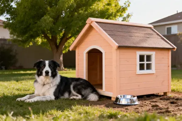 边境牧羊犬躺卧在庭院木屋旁
