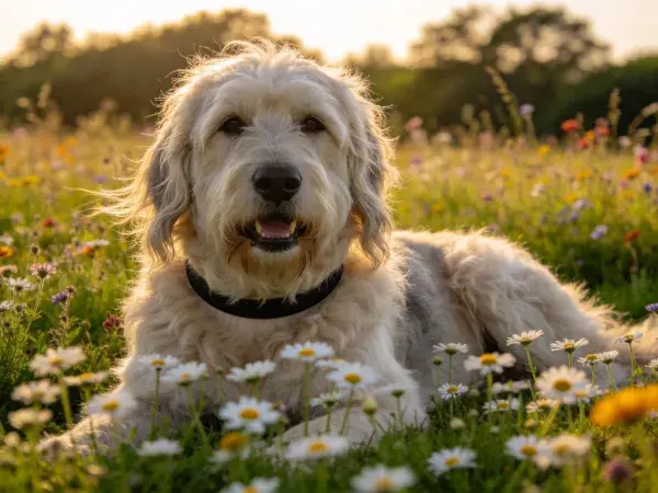 草地野花间放松的软毛犬