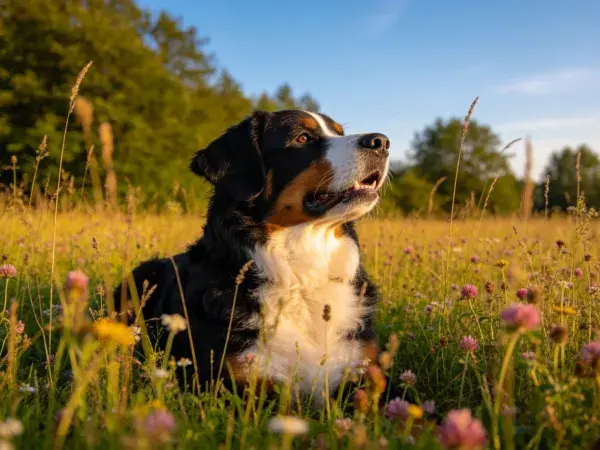 伯恩山犬在野花草地观察远方