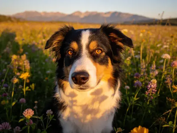 草地花丛中边境牧羊犬特写