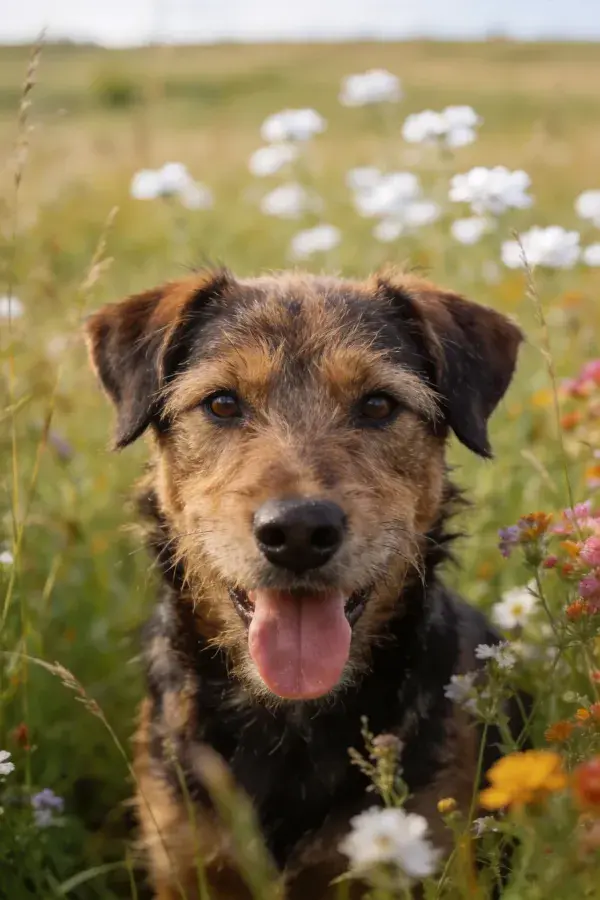 草地野花间的梗类混种犬