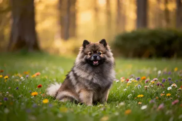 森林边缘花草地上的荷兰狮犬
