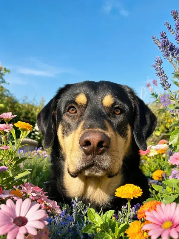 花园中罗威纳拉布拉多混血犬的特写
