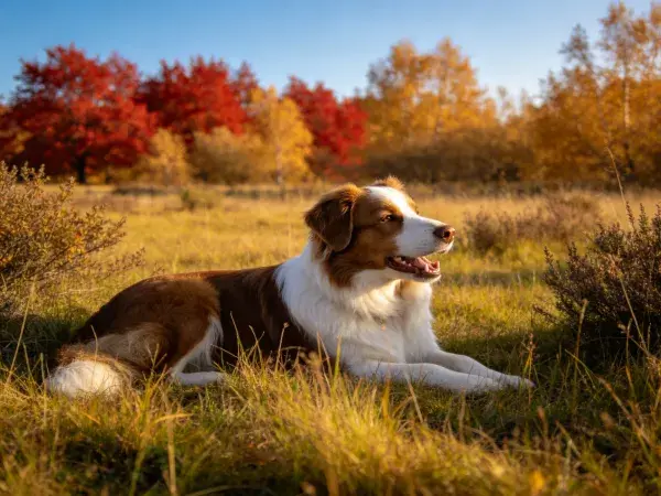 草地秋日光影下的边境混血犬姿态