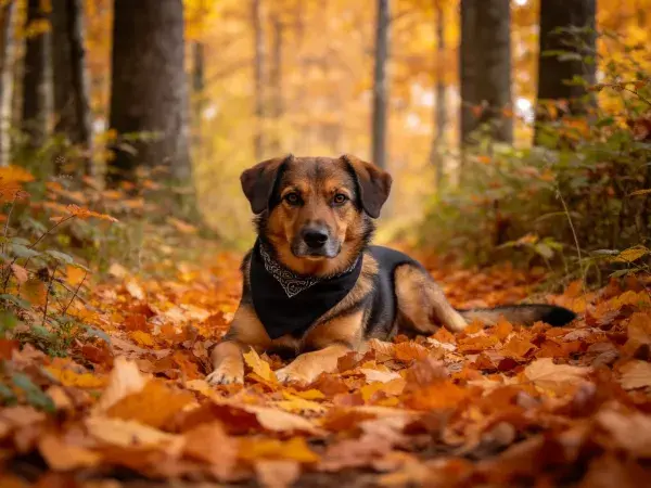 秋日森林落叶间黑棕相间混种犬休憩场景