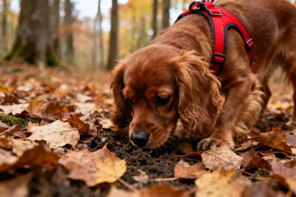 可卡犬在落叶中的地面嗅探场景