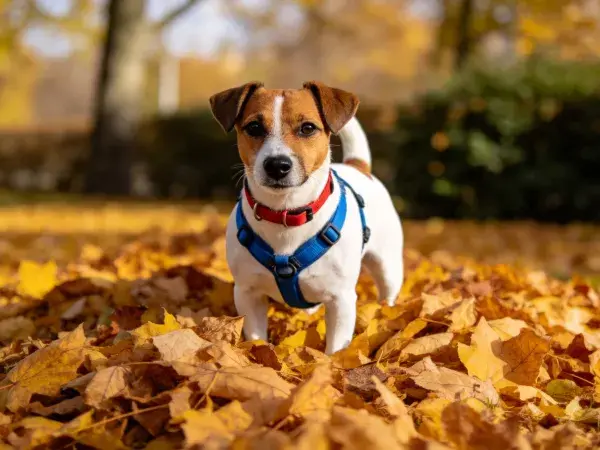 秋季落叶间杰克拉塞尔梗犬特写场景