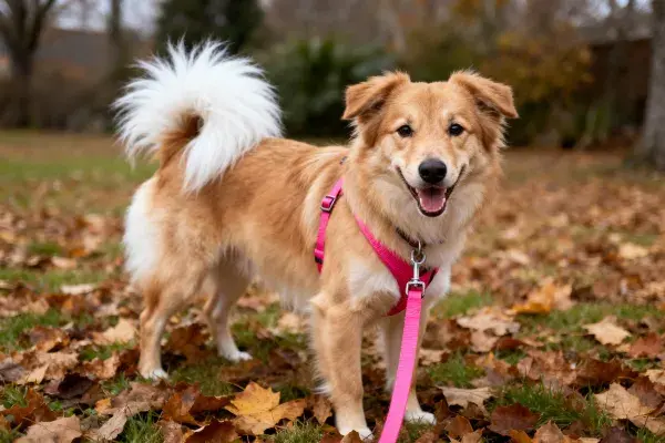 秋日落叶中的小型混种犬