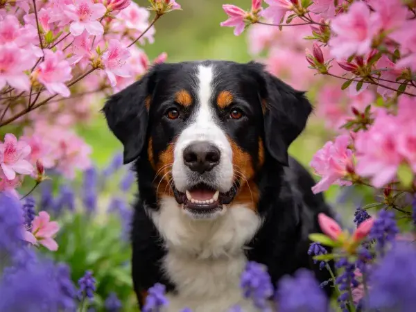 伯恩山犬于花卉间状态呈现