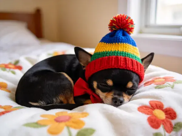 吉娃娃犬戴彩色针织帽睡觉的场景特写