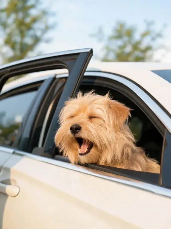 汽车内诺福克梗犬探出头享受风