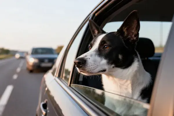 马路上汽车内黑白边境牧羊犬探出身子看风景