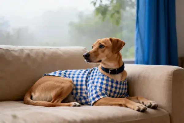 酒店沙发上穿着格纹衣物的短毛混种犬