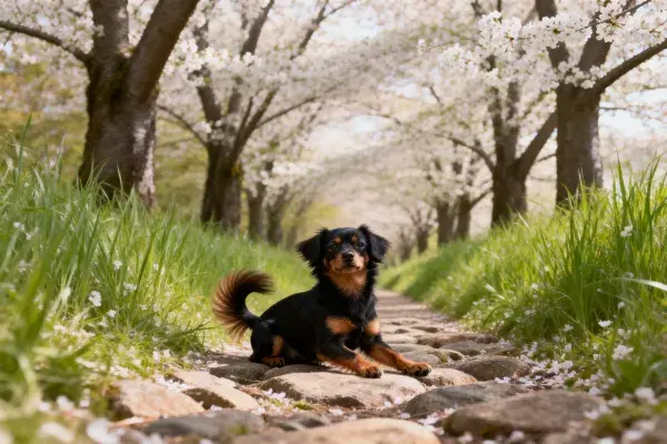 小型混种犬于樱花林间石径场景