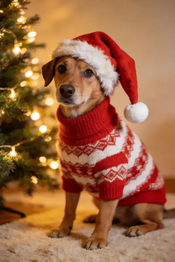 圣诞树下穿节日服饰的中型混血犬