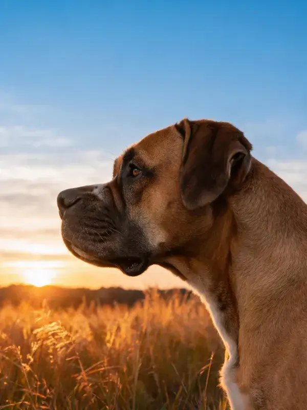 阳光下草地上的拳师犬侧影