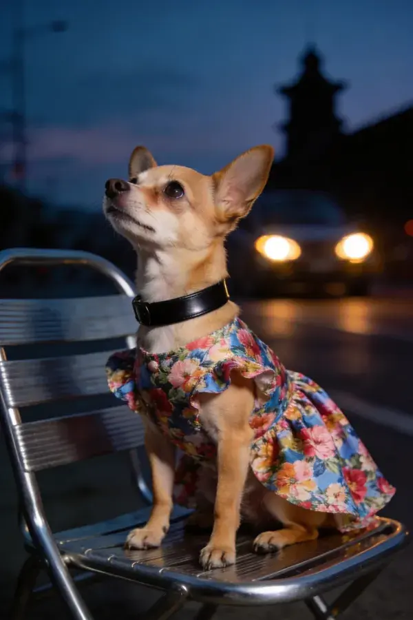 露天环境中穿花裙的吉娃娃犬