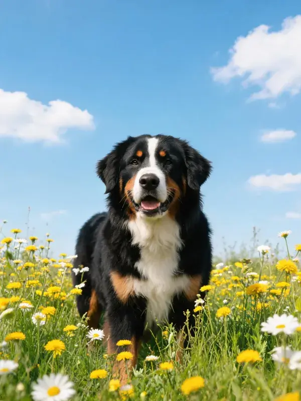 草地花丛中的伯恩山犬