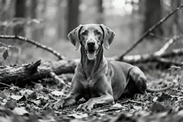 威玛猎犬林间静卧特写镜头
