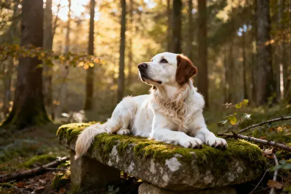 阳光森林中的金毛犬趴在苔藓石凳上