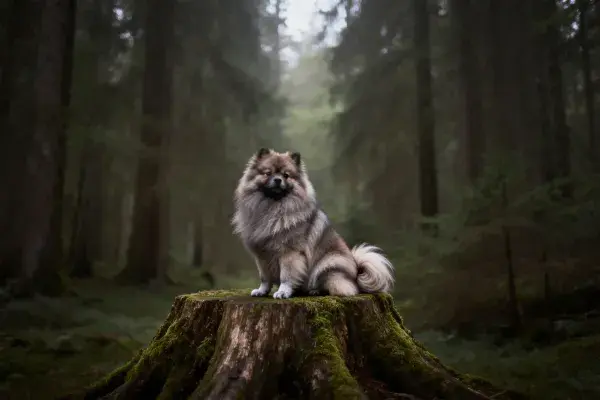 森林树桩上的凯斯霍恩犬