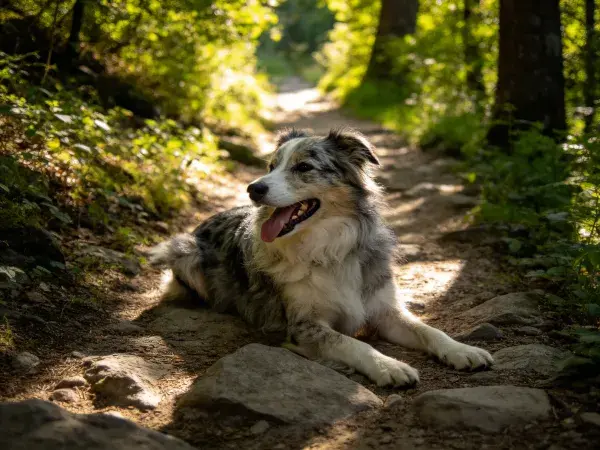 阳光森林中的边境牧羊犬混种犬休憩场景