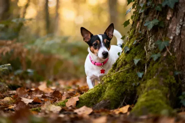 森林中杰克罗素梗犬靠近树干