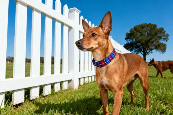阳光下迷你杜宾犬的警觉姿态