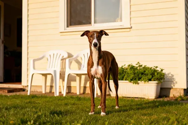 阳光下惠比特犬站立特写镜头