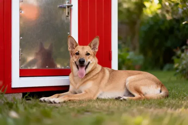 红色木屋旁的德国牧羊犬混种犬休憩场景