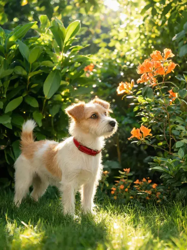 阳光明媚花园中的小型梗犬场景