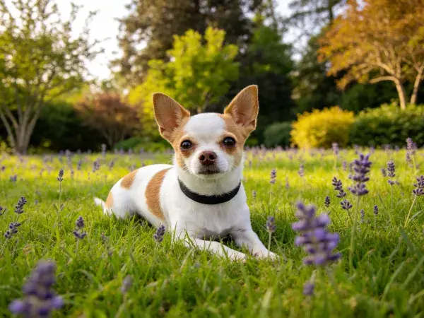 草地上的吉娃娃犬躺卧