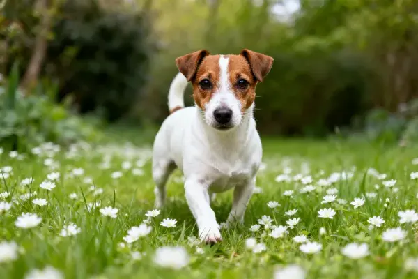 草地繁花间杰克罗素梗犬特写