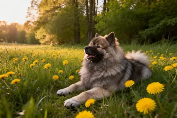 草地中荷兰狮犬躺卧场景