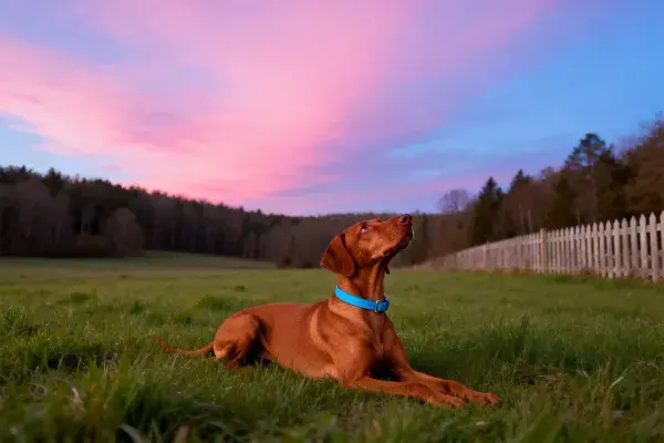草地日落时罗得西亚脊背犬休憩场景