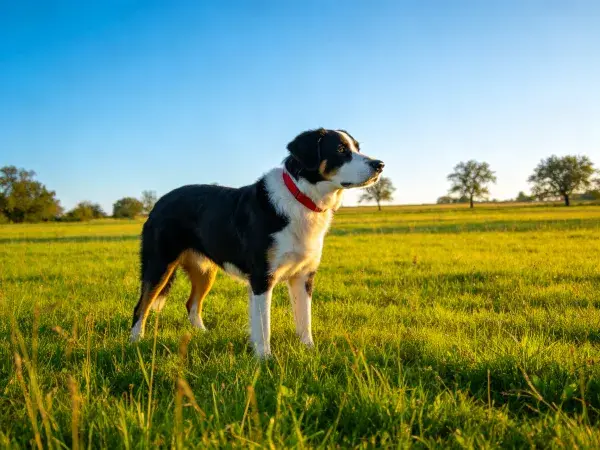 青草地上站立的三色边境牧羊犬
