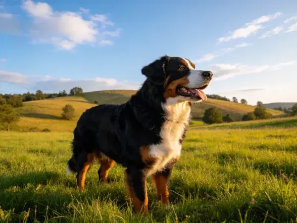 草地夕阳下伯恩山犬特写
