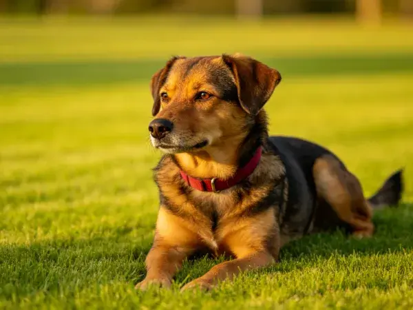 草地黄昏时德牧混种犬姿态
