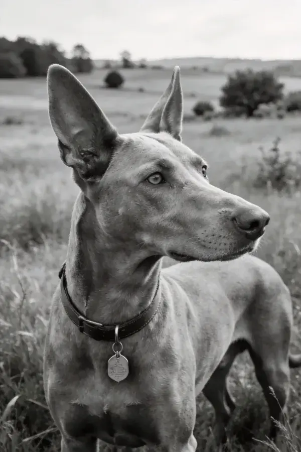 青灰色菲律宾猎犬于开阔草地的特写画面