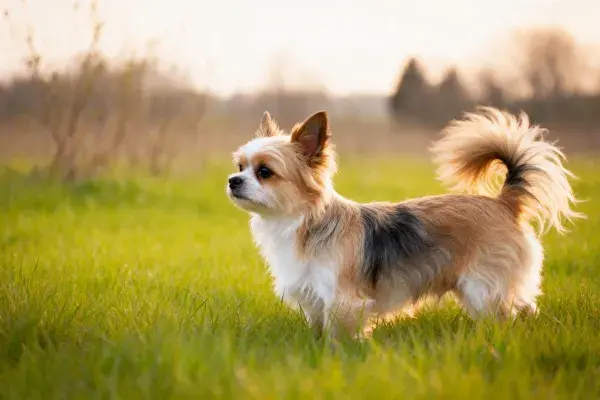 草地中站立的小型混种犬