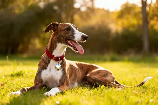 灰褐相间的惠比特犬躺卧草地