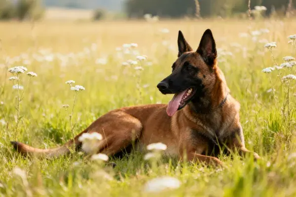 马利诺犬躺卧在野花草地中