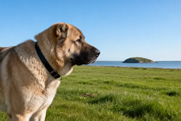 阳光草地上的卡高加索牧羊犬眺望水域景观