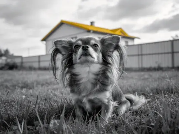 房前草地上的长毛吉娃娃犬特写