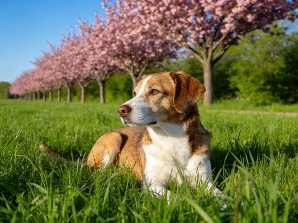 短毛混种犬躺卧草地樱花树下场景